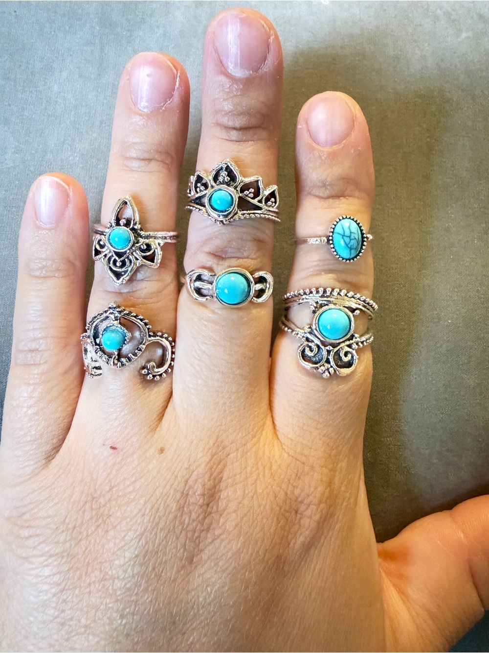 6 fantasy Turquoise Silver Boho Ring Set size 6/7 Women Jewelry/1